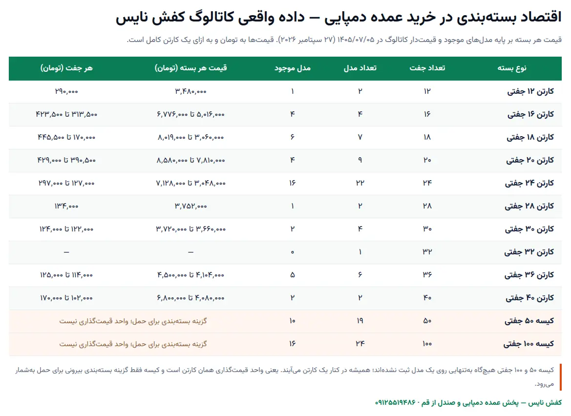 جدول واقعی انواع بسته‌بندی کارتن و کیسه، تعداد جفت، قیمت هر بسته و قیمت هر جفت در کاتالوگ کفش نایس