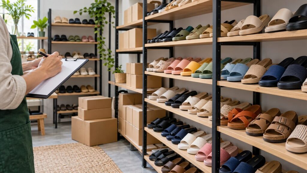 انبارداری کفش فروشگاه با چیدمان منظم دمپایی و کنترل موجودی